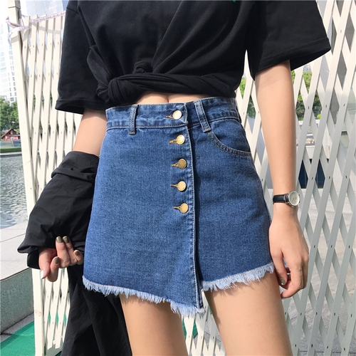 Denim shorts women's high waist summer wear 2019 new Korean irregular splicing split A-line wide leg pants skirt