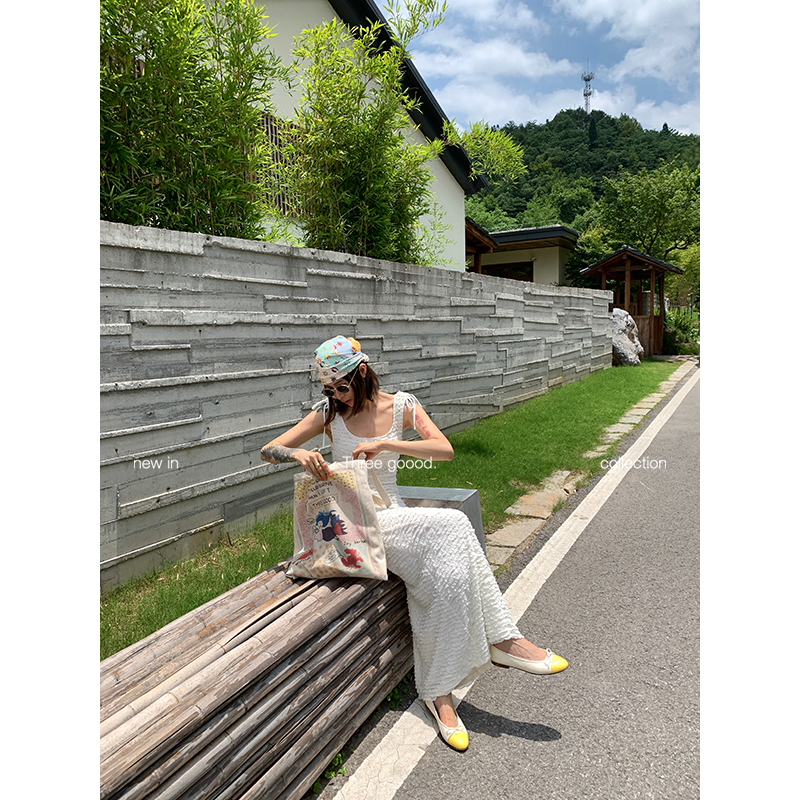 抽绳可调节短袖背心针织连衣裙