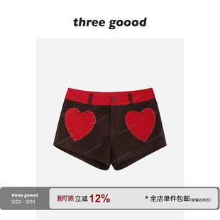 元 复古甜辣爱心贴布铆钉麂皮短休闲裤 气少女风 GOOOD殷三吉 THREE