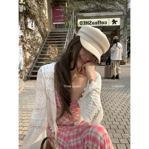 三吉网眼针织衫弹力宽松V领开衫