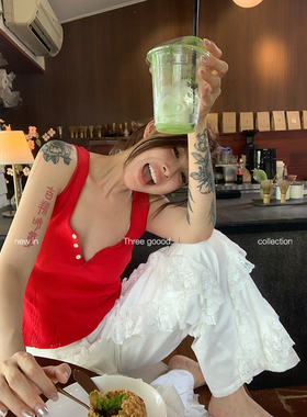 THREE GOOOD殷三吉小众设计蕾丝拼接白色低腰裤直筒休闲长裤女