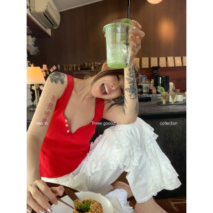 女 直筒休闲长裤 THREE GOOOD殷三吉小众设计蕾丝拼接白色低腰裤