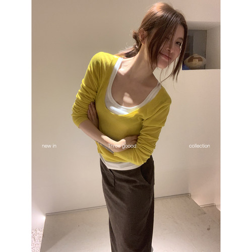 殷三吉羊毛U领长袖针织打底衫