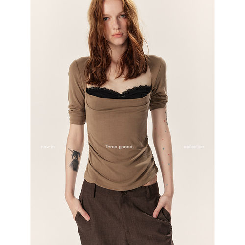 【鹦鹉梨严选】THREE GOOOD莫代尔假两件蕾丝拼接中袖Y725Y13519