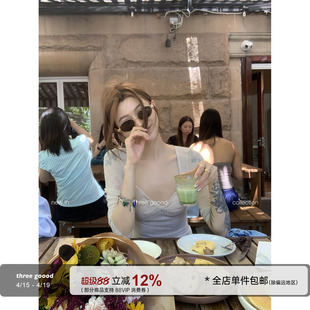 THREE GOOOD殷三吉 微闪氛围感银丝透透感钻石领扭结长袖打底衫女