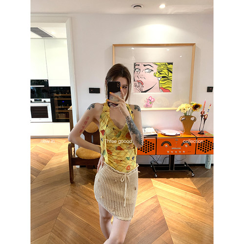 印花多穿式吊带背心V领收腰上衣