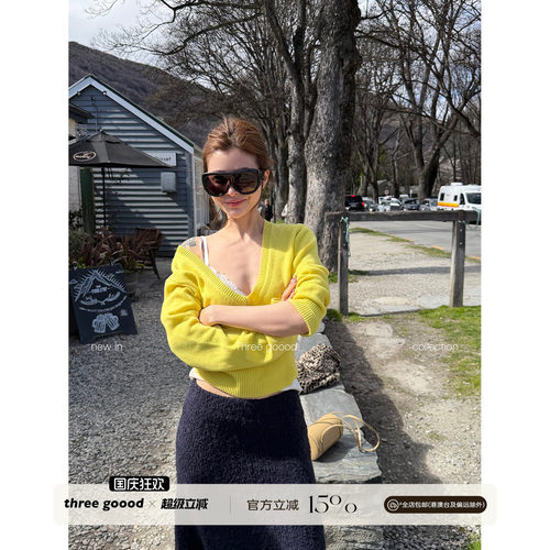 THREE GOOOD殷三吉 绵羊毛大V领毛织上衣女秋休闲慵懒百搭针织衫