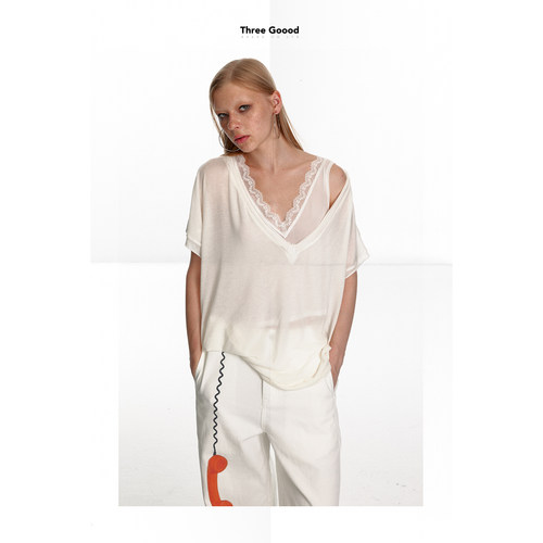 THREEGOOOD/三吉蕾丝假两件T恤