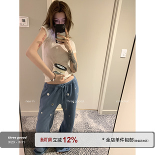 抽绳直筒阔腿卫裤 不规则镜片刺绣 GOOOD殷三吉自带闪光灯 THREE