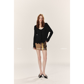 THREE 短款 GOOOD殷三吉 V领坑条破洞毛须流苏针织小开衫