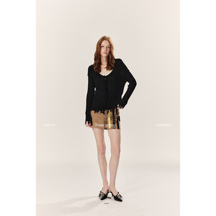 短款 V领坑条破洞毛须流苏针织小开衫 GOOOD殷三吉 THREE