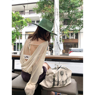 THREE GOOOD殷三吉知性感亚麻针织衫 堆堆领后背交叉显瘦长袖上衣