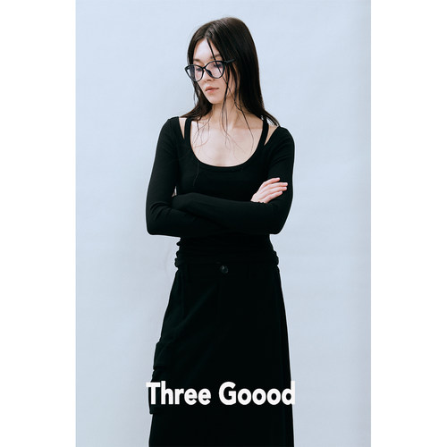 THREE GOOOD殷三吉 通勤网纱拼接长袖打底衫 ST230724