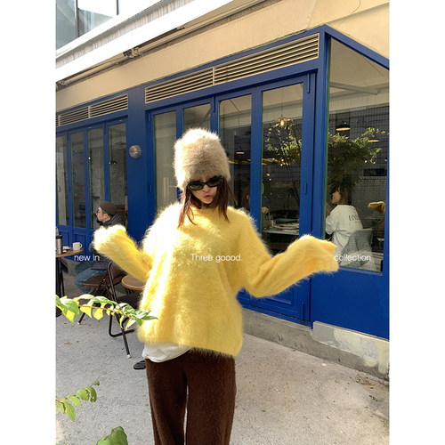 殷三吉羊毛桑蚕丝拉毛圆领套头衫