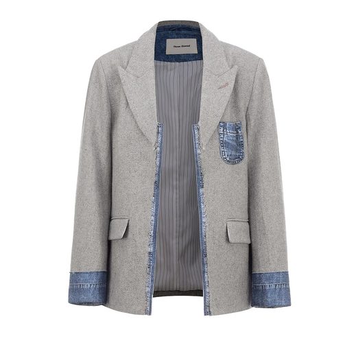 THREE GOOOD殷三吉 52.4%绵羊毛远山氤氲毛呢拼接牛仔西装外套女