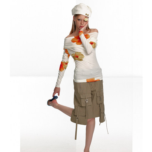 THREEGOOOD/三吉一字肩印花T恤