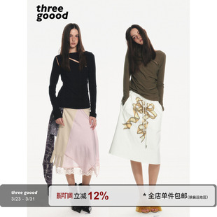 单侧挖肩一字领小性感针织衫 THREE GOOOD殷三吉不规则镂空打底衫