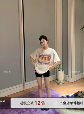 THREE GOOOD殷三吉慵懒氧气感 奶油鸭梨印花刺绣大版T恤 软糯好穿