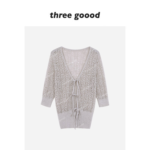 THREEGOOOD镂空网眼绑带开衫
