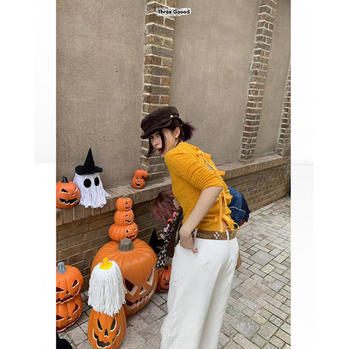 THREE GOOOD殷三吉 时光定格绑带圆领长袖针织衫上衣女2025