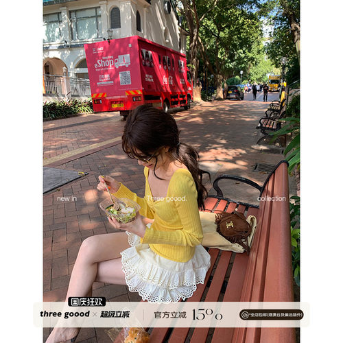 THREE GOOOD殷三吉早春百搭高腰显瘦花边A字短裙裤Y725G00706