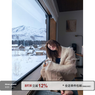 新款 THREE 女冬季 拉毛圆弧下摆针织开衫 毛毛上衣外套 GOOOD殷三吉