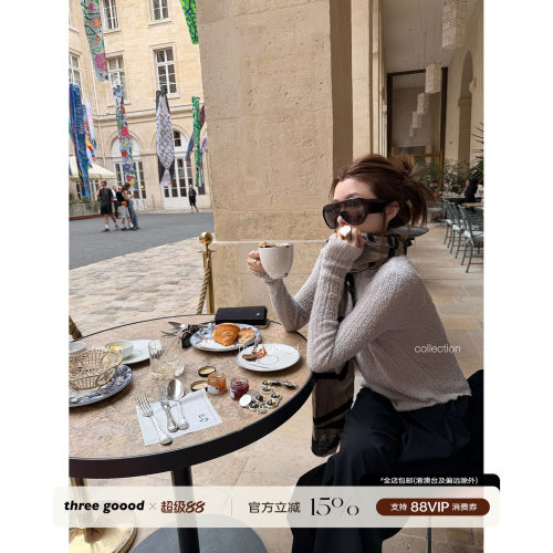 THREE GOOOD殷三吉 修身一字领棉坑条毛感上衣女长袖休闲风针织衫