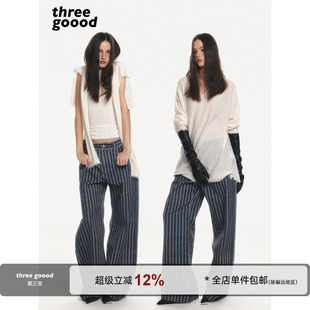 复古牛仔直筒阔腿裤 THREE GOOOD殷三吉 做旧蓝灰条纹 显瘦长裤