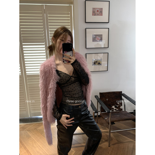 THREE GOOOD殷三吉 爱心波点打底上衣V领长袖T女冬小众设计感内搭