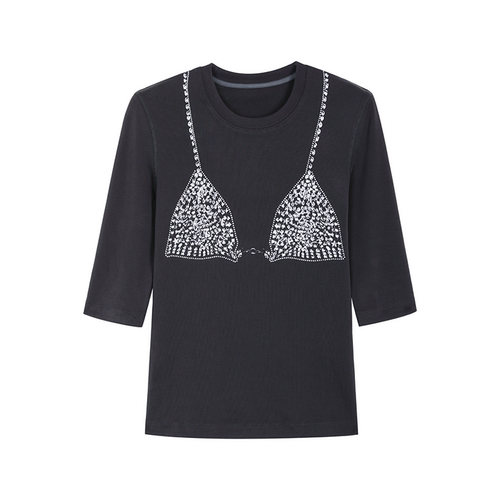 殷三吉背心印花烫钻弹力T恤