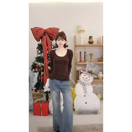 THREE GOOOD殷三吉焦糖邂逅休闲圆领长袖钉珠打底衫女2025春季新