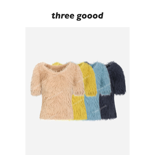 仿貂拉毛U领软糯针织毛衣女短款 柔貂漫冬 上衣 GOOOD殷三吉 THREE