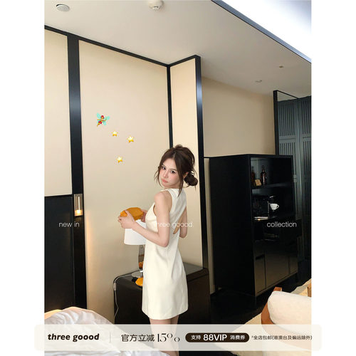 THREE GOOOD殷三吉 柔光哑光无袖短款蝴蝶结系带露背显瘦连衣裙