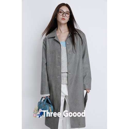 THREE GOOOD殷三吉  时尚烟灰宽松显瘦通勤领长款皮外套