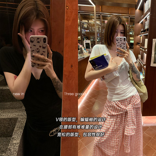 简约V领短袖上衣女百搭纯色薄款T