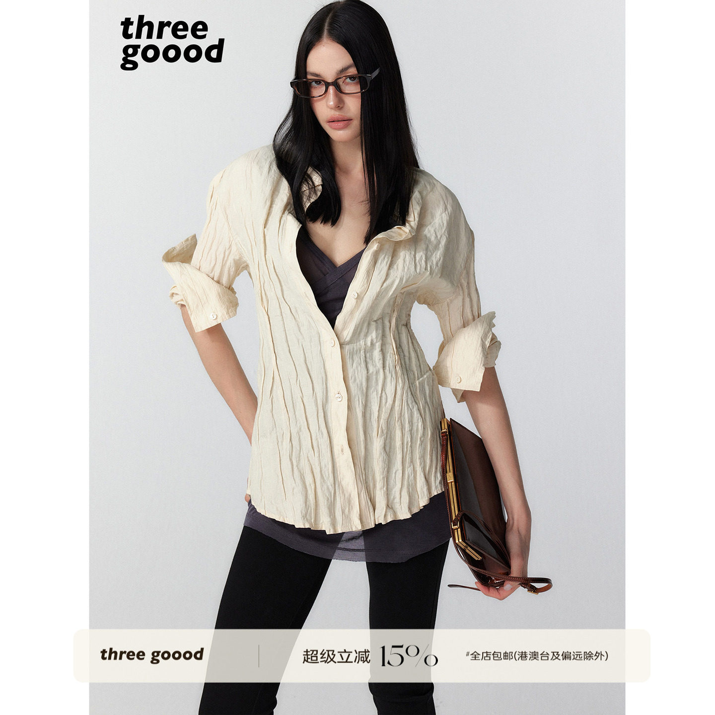 THREEGOOOD金属丝皱褶衬衫图片