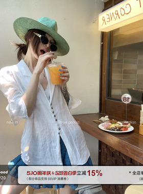 THREE GOOOD殷三吉 V领真贝壳扣褶皱肌理衬衫 苎麻莱赛尔通勤上衣