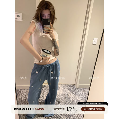 THREEGOOOD湖蓝不规则直筒卫裤