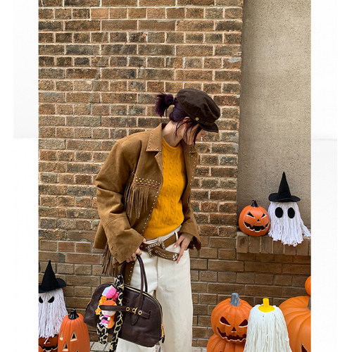 THREE GOOOD殷三吉 假面舞会麂皮流苏钉钻外套美式夹克设计感2025