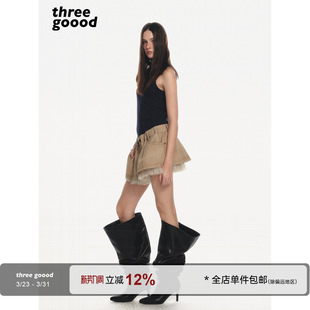 复古潮流百搭 网纱拼接褶皱牛仔chao短半身裙 THREE GOOOD殷三吉