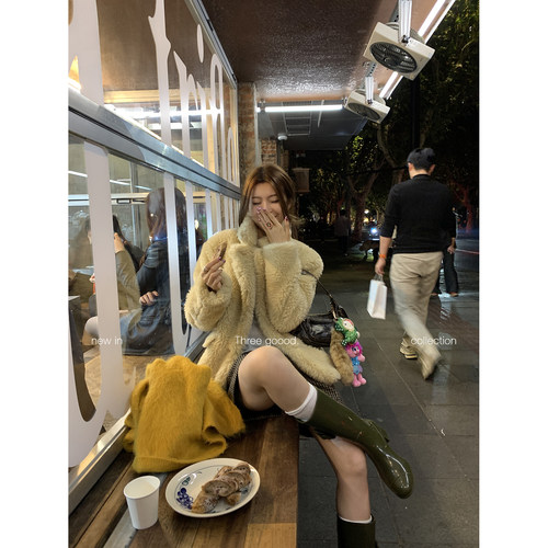 殷三吉卡其立领环保皮草短外套