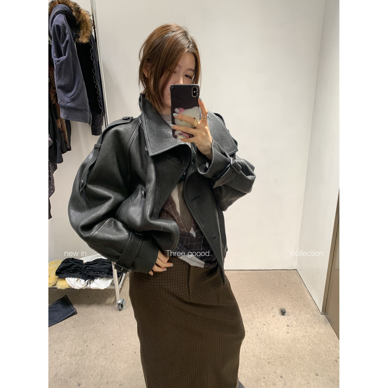 THREE GOOOD殷三吉 90白鸭绒PU皮短款风衣皮羽绒服外套私服定制