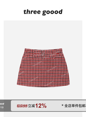 THREE GOOOD殷三吉 小香风毛呢千鸟格一步半身裙圣诞氛围