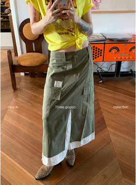 THREE GOOOD殷三吉 军绿色撞色不规则工装拼接毛边半裙长裙女