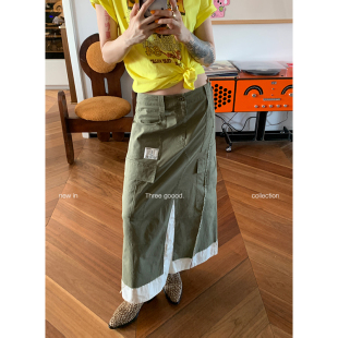 拼接毛边半裙长裙女 军绿色撞色不规则工装 THREE GOOOD殷三吉