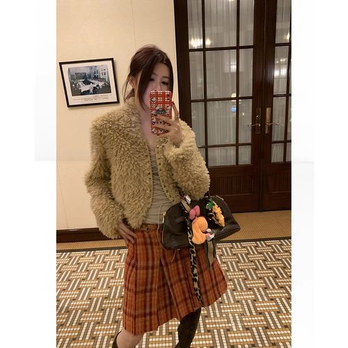 THREE GOOOD殷三吉【满格华夫】复古褶裥格子半身裙女2025冬季新