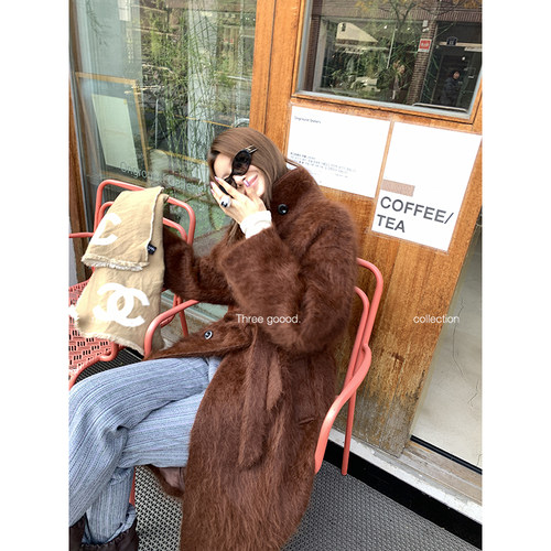 殷三吉60.6兔绒长款双排扣大衣