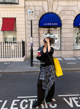 THREE GOOOD殷三吉 格纹衬衫假两件设计拼接西装阔腿裤