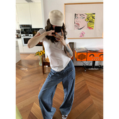 THREE 休闲百搭长裤 GOOOD殷三吉 竖条纹宽松直筒牛仔裤