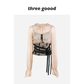 甜纱絮语假两件雪纺蕾丝网纱拼接甜美时尚 THREE GOOOD殷三吉 上衣